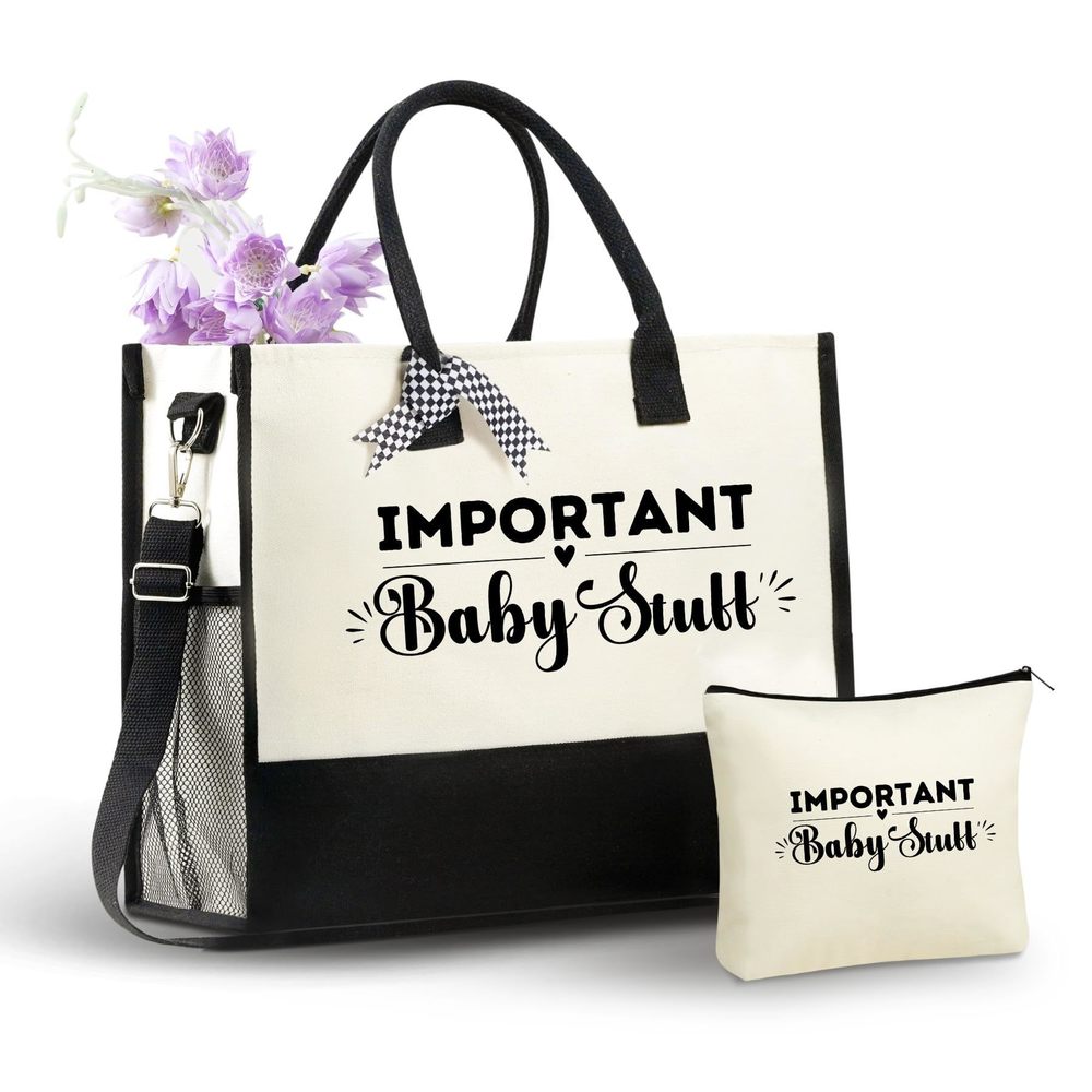 Mom Gifts Canvas Tote Bag, Important Baby Stuff Bag With Top Zier Closure :O